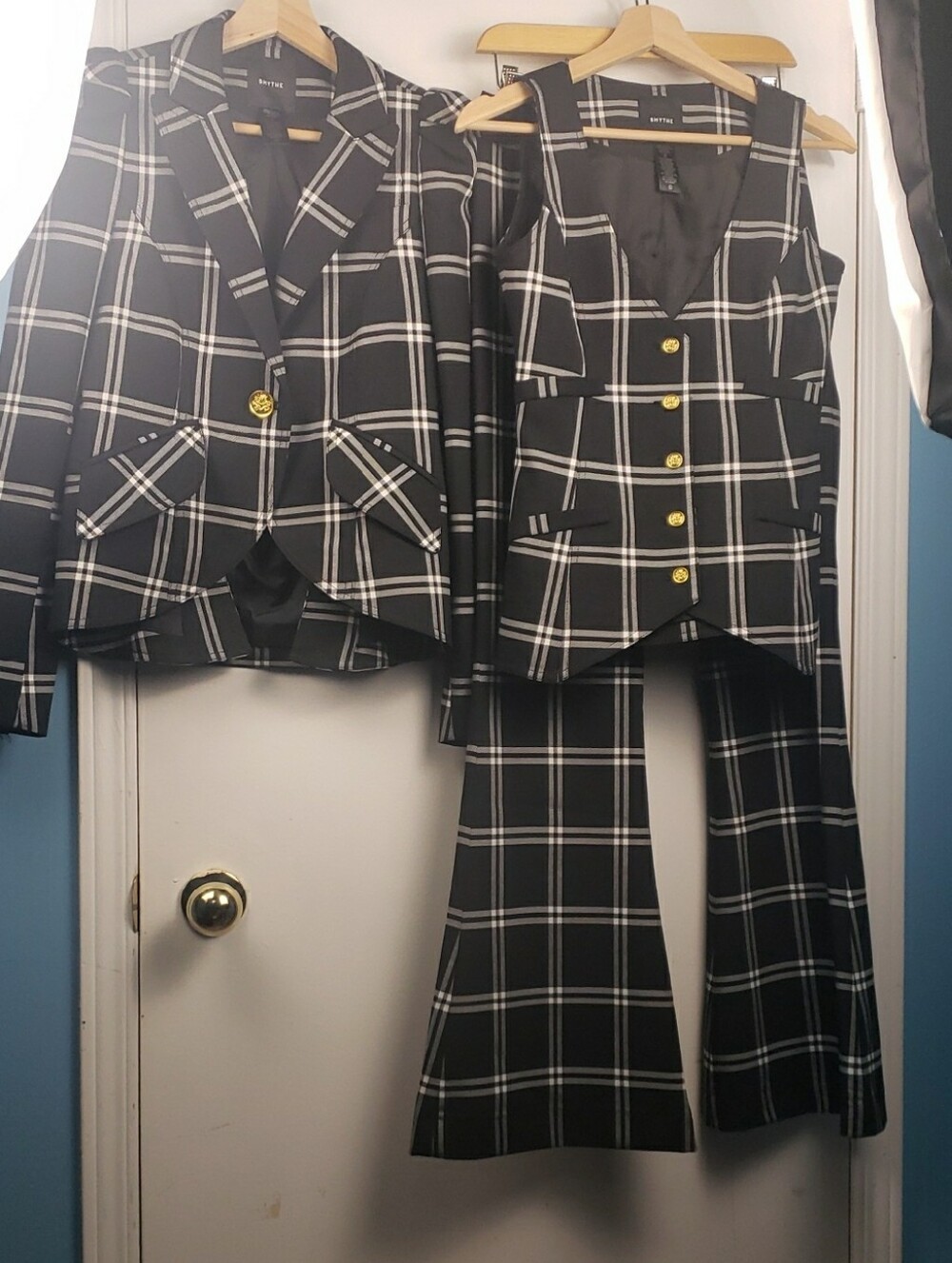 Smythe Black & White Windowpane Plaid Blazer Us 4 Set Vest Size 2 Pant 25 Nwot
